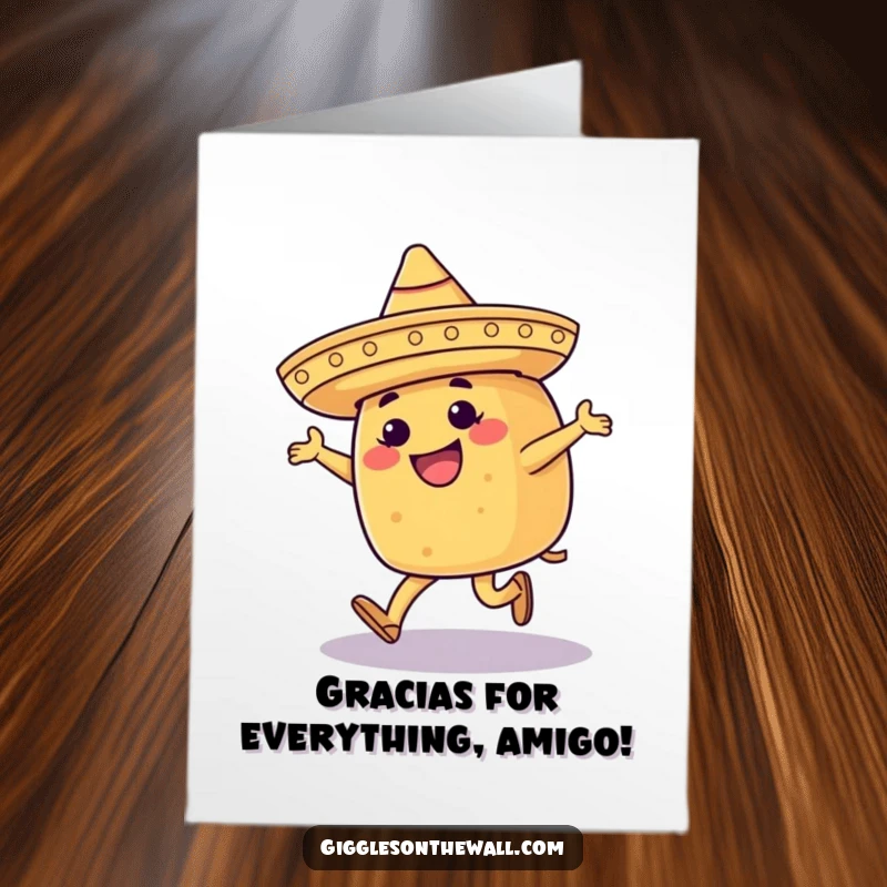 Free Printable Thank You Card of a happy taco in a sombrero doing a funny moonwalk dance