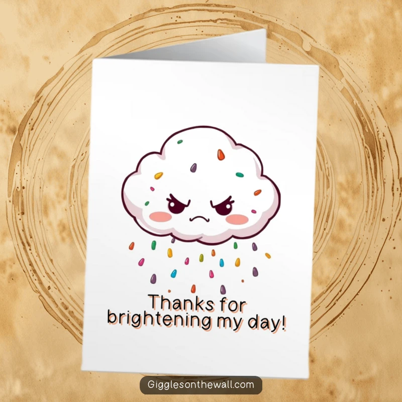 Funny Free Printable Thank You Card: Grumpy cloud character raining colorful sprinkles, a sweet and unexpected expression of thanks.