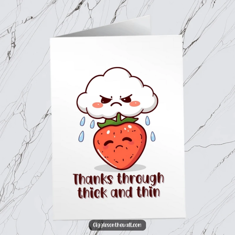 Funny Free Printable Thank You Card: A grumpy cloud raining on a strawberry, offering thanks with a humorous, contrasting perspective.
