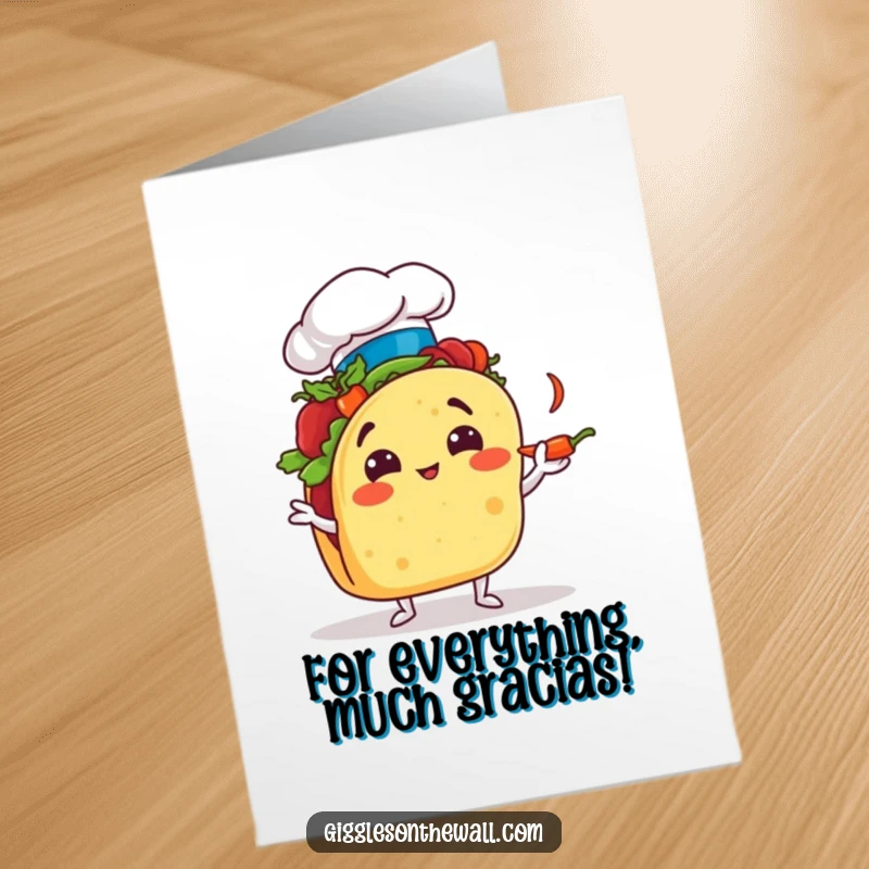 Funny Free Printable Thank You Card: A chef taco comically attempts to juggle tiny chili peppers, offering thanks with a playful flair.