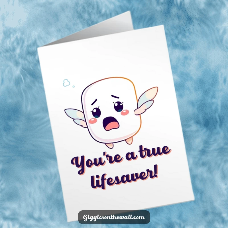 Funny Free Printable Thank You Card: A startled marshmallow character attempting to fly with tiny wings, expressing gratitude mid-air.
