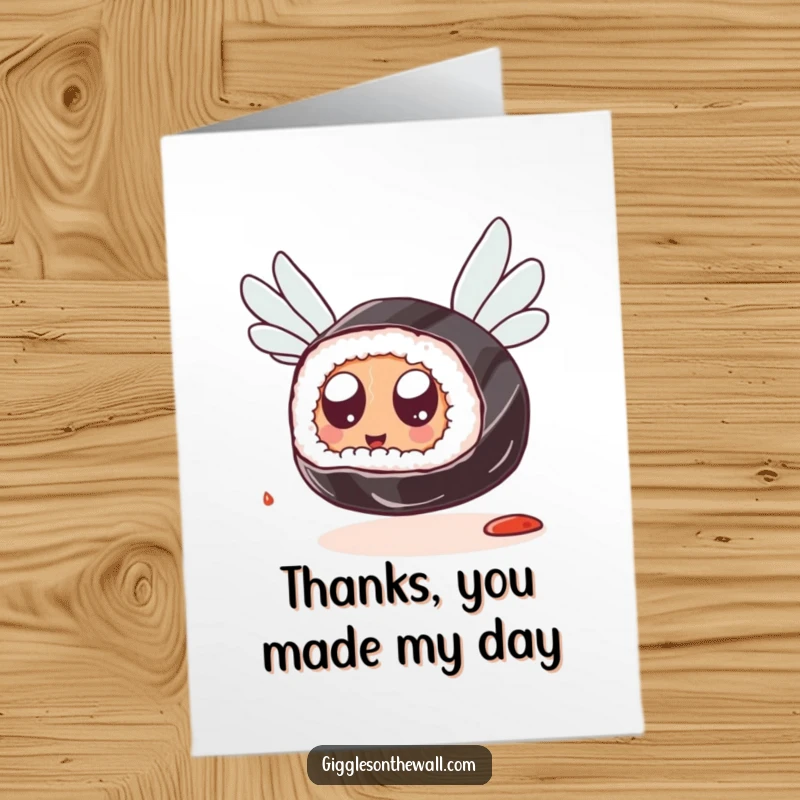 Funny Free Printable Thank You Card: A piece of sushi with googly eyes, using soy sauce packets as wings, flying to say thank you.
