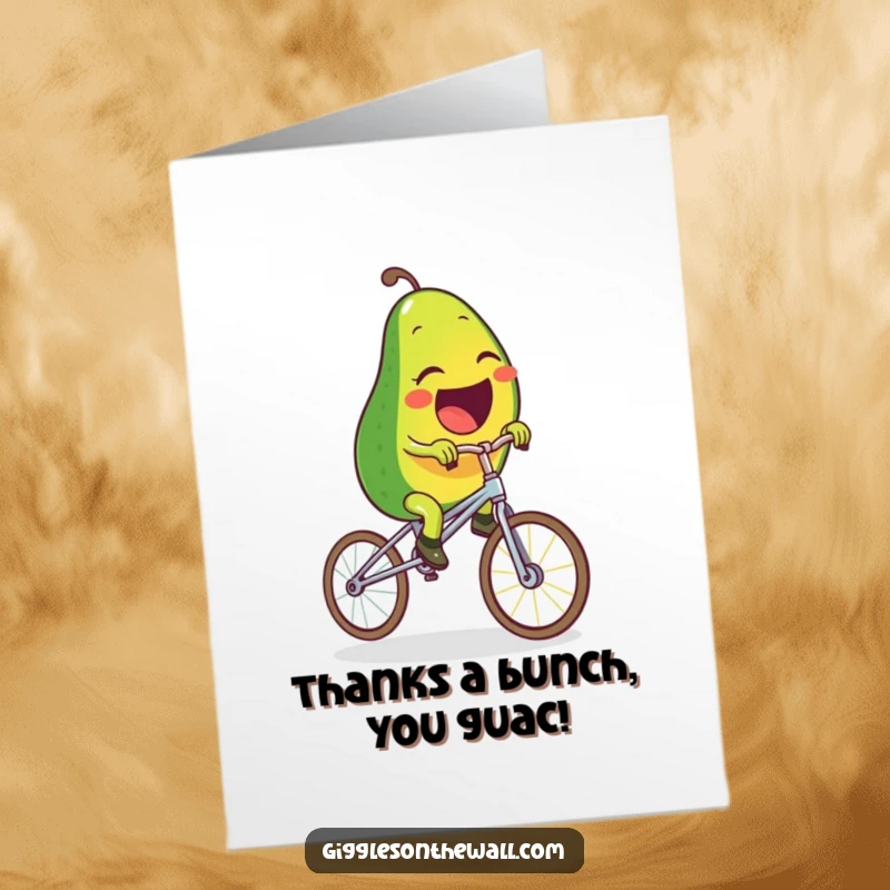 Funny Free Printable Thank You Card: A determined avocado rides a spaghetti unicycle, expressing thanks with a hilarious wobble.