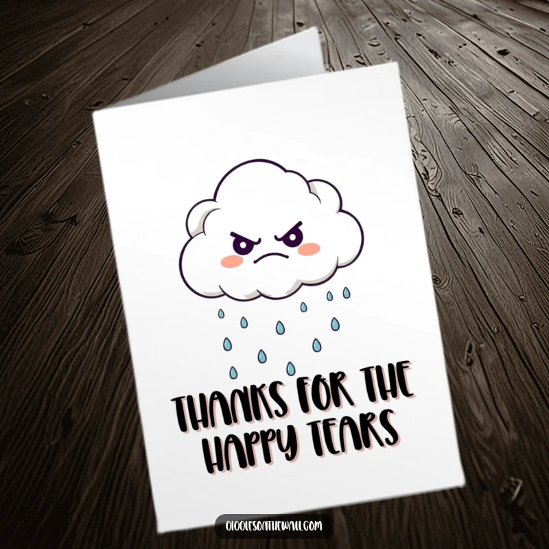 Funny Free Printable Thank You Card: A grumpy cloud character surprisingly rains happy raindrops to express thanks.