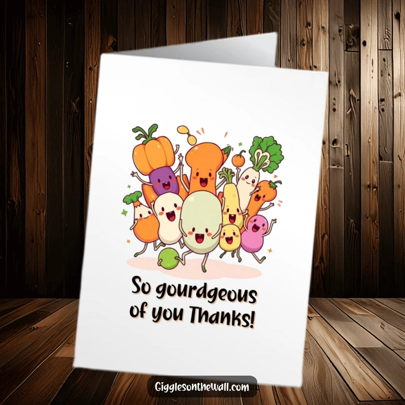 Whimsical free printable thank you card featuring animated vegetables caught in a hilariously uncoordinated, chaotic synchronized dance.