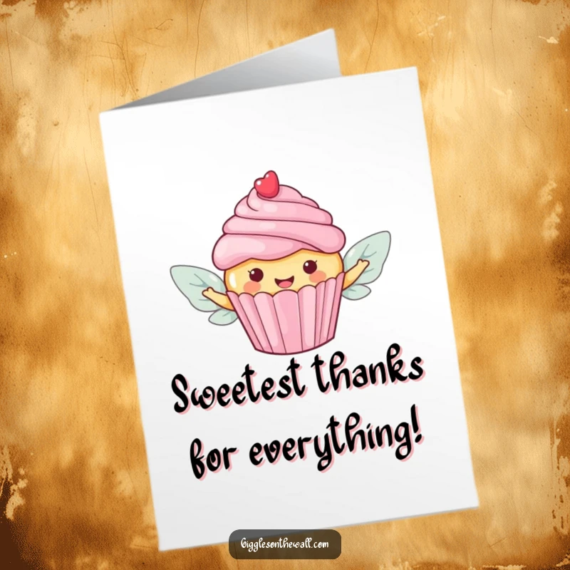 Funny Free Printable Thank You Card: Happy cupcake with candy wings flying away, expressing sweet thanks gracefully.