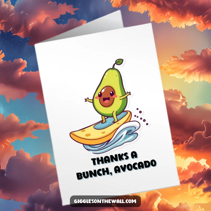 Funny Free Printable Thank You Card: A happy avocado character shredding a giant chip on a wave, sending thanks.