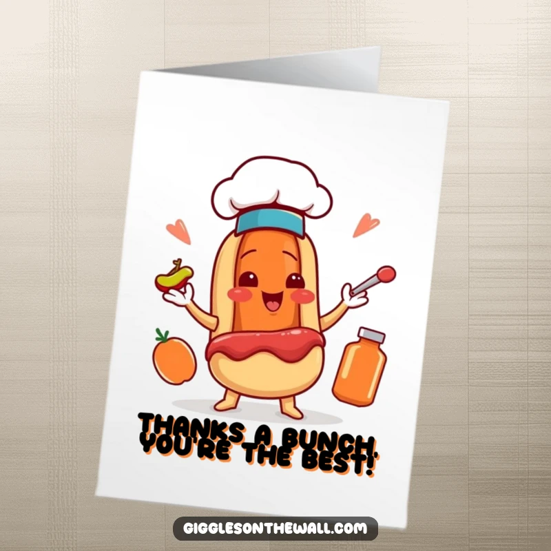 Funny Free Printable Thank You Card: A smiley hot dog wearing a chef hat juggles condiments.