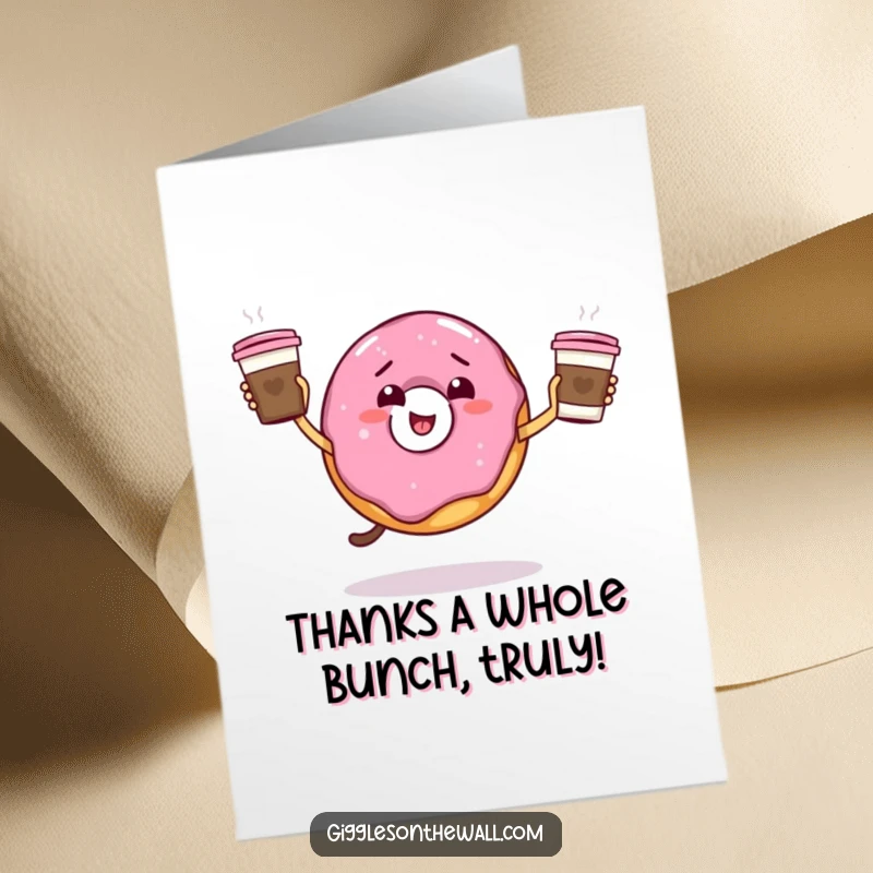 Funny Free Printable Thank You Card: A giddy donut juggles coffee cups, conveying thanks with energetic flair and sweetness.