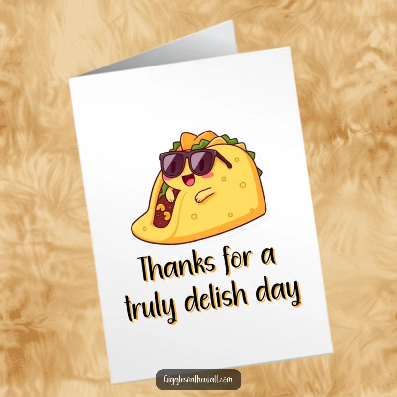 Funny Free Printable Thank You Card: A taco character in sunglasses casually lounges, conveying laid-back thanks.