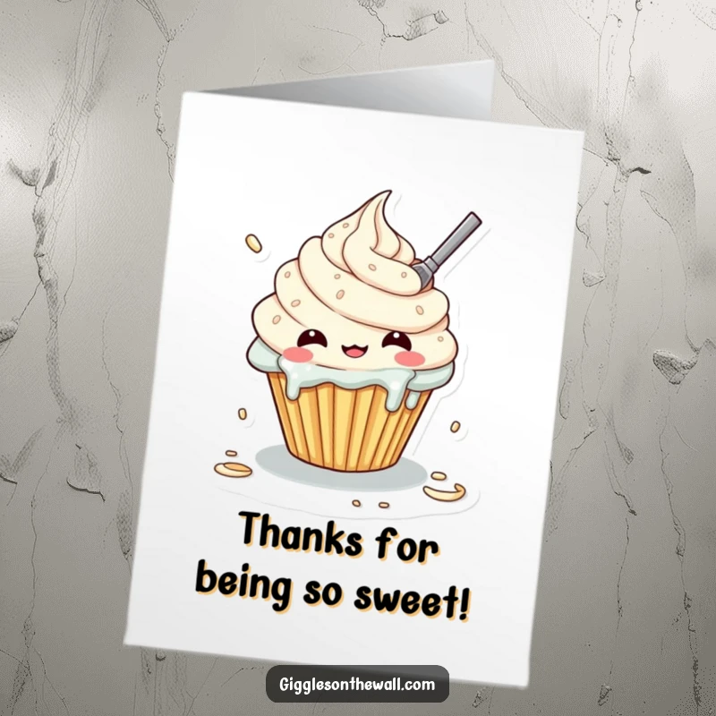 Funny Free Printable Thank You Card: A Kawaii cupcake character in a frosting-covered, self-frosting attempt.