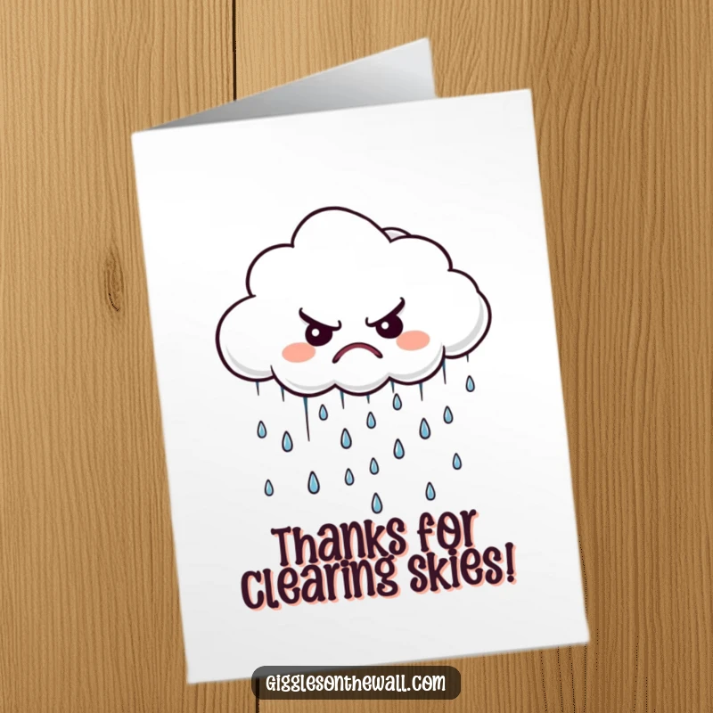 Funny Free Printable Thank You Card: A grumpy cloud rains tiny, unhappy drops, offering thanks with a sigh.