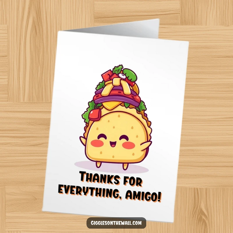 Funny Free Printable Thank You Card: A blushing taco character humorously overloaded with toppings, saying thank you.