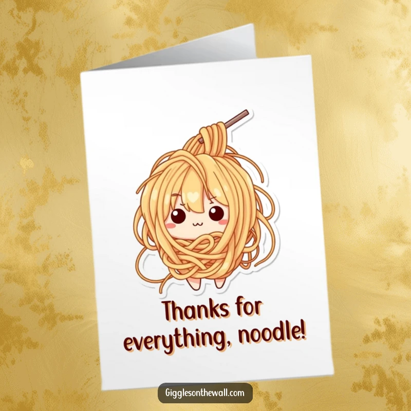 Funny Free Printable Thank You Card: Bewildered Kawaii ramen noodle character tied up in its own delicious noodles.