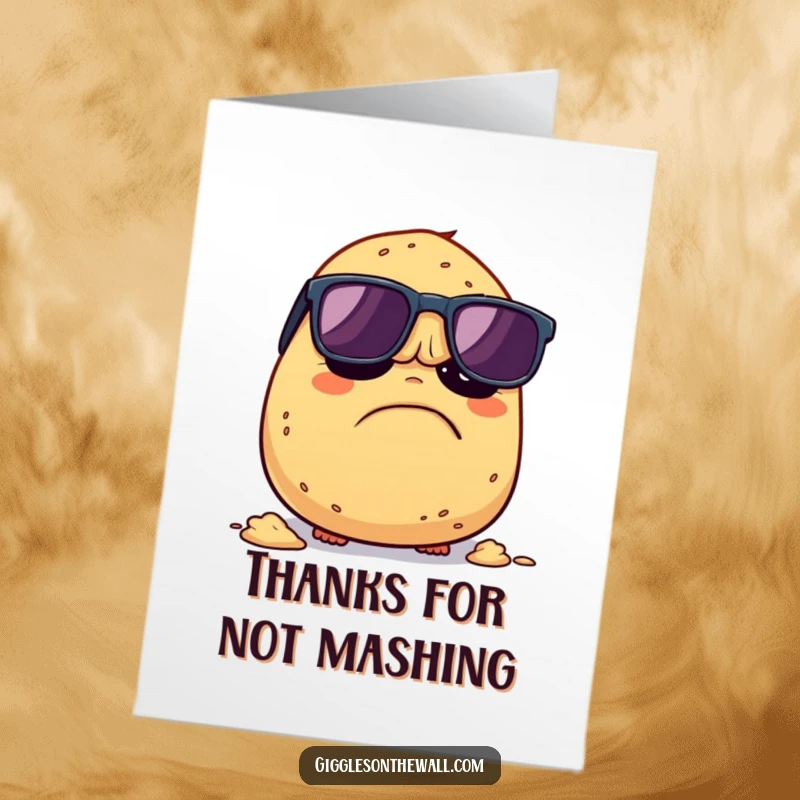 Funny Free Printable Thank You Card: A grumpy potato in sunglasses, running away from danger, expressing thanks in its own way.