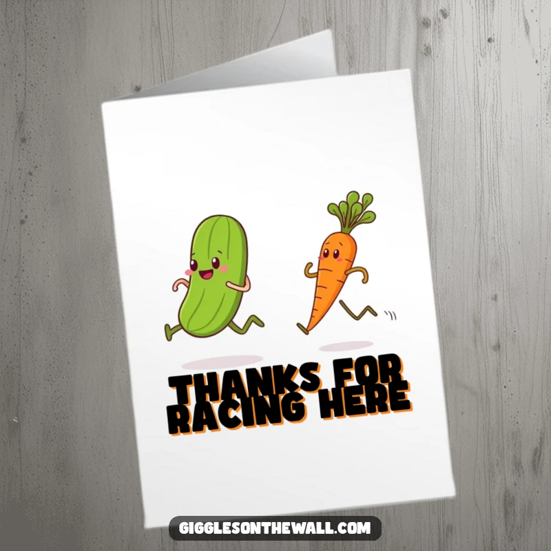 Funny Free Printable Thank You Card depicting a pickle narrowly beating a carrot in a spirited race to the finish.