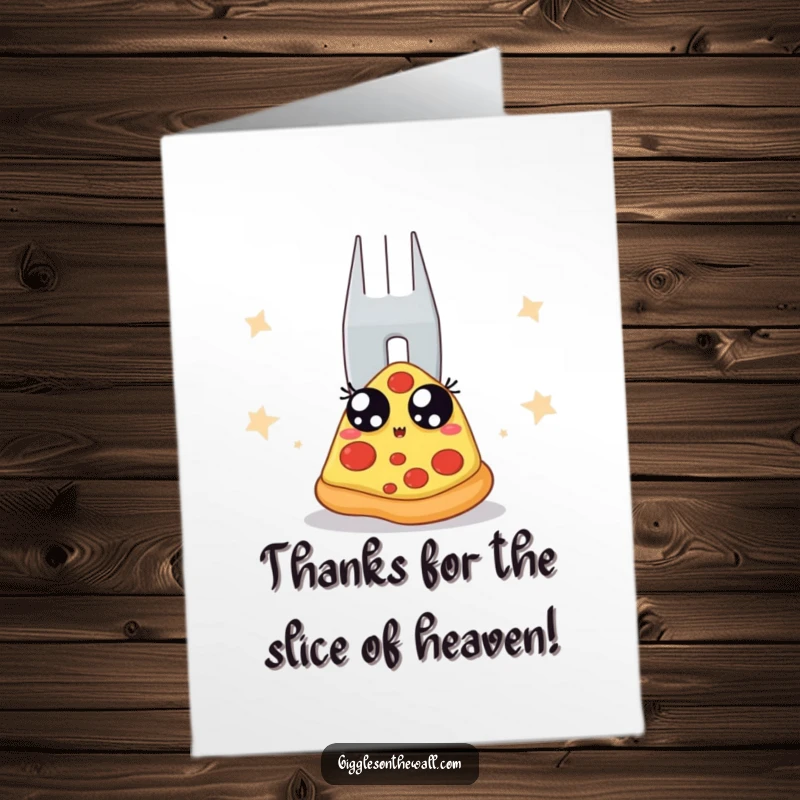 Funny free printable thank you card: pizza slice terrified of a huge fork, perfect for a grateful laugh.