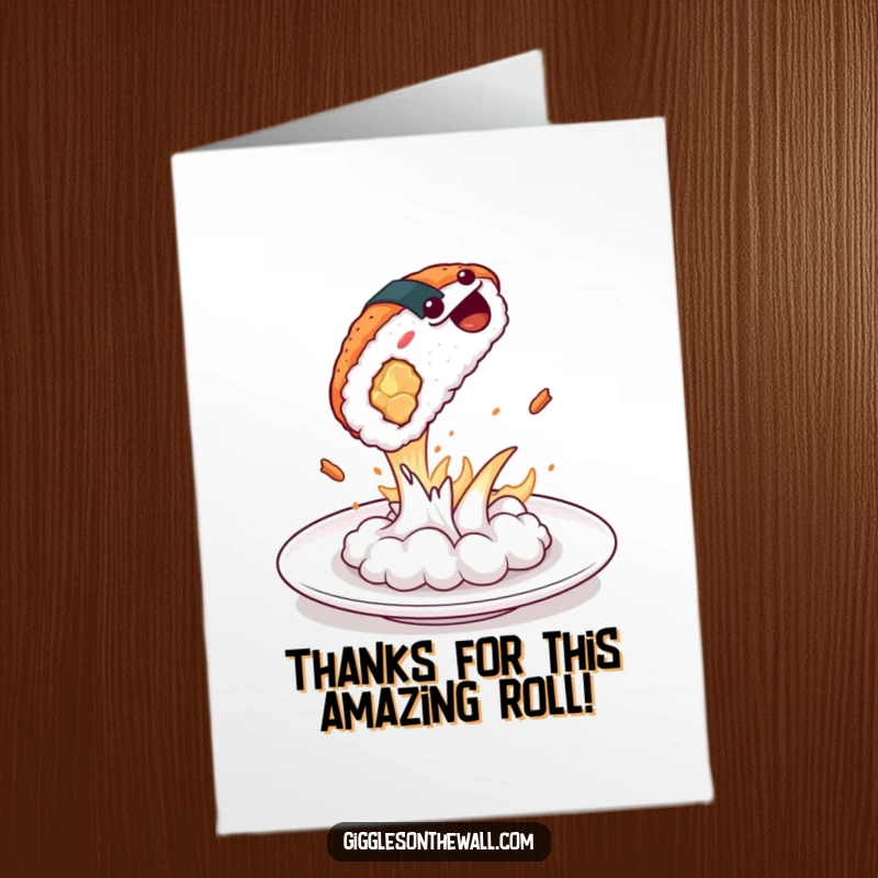 Funny Free Printable Thank You Card: Sushi dramatically jumps off a plate, delivering a surprise thank you message with energy.