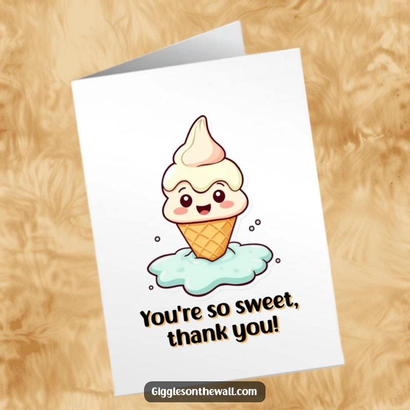 Funny Free Printable Thank You Card: A cheerful ice cream cone character melting into a puddle.