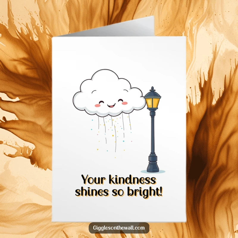 Funny Free Printable Thank You Card: A happy cloud happily rains glitter onto a grumpy lamppost, humorously thanking them.
