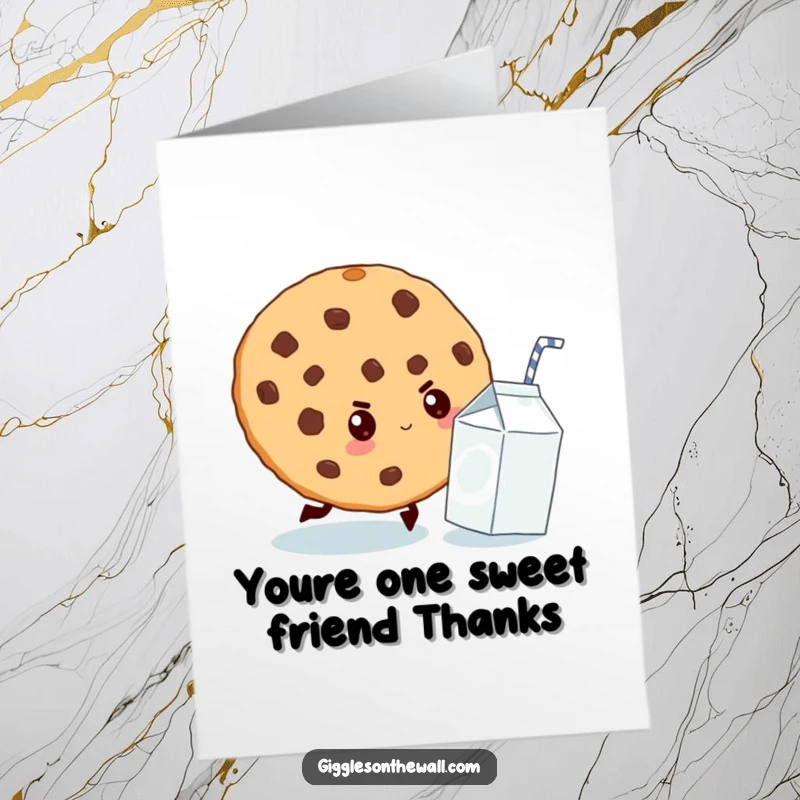 Funny Free Printable Thank You Card: A giant cookie intently chasing a small milk carton, symbolizing a sweet and determined thank you.