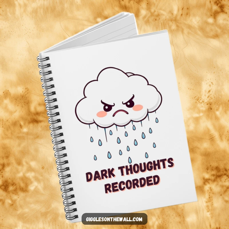 Funny grumpy cloud notebook, featuring a displeased cloud raining tiny, disgruntled raindrops, ideal for journaling.