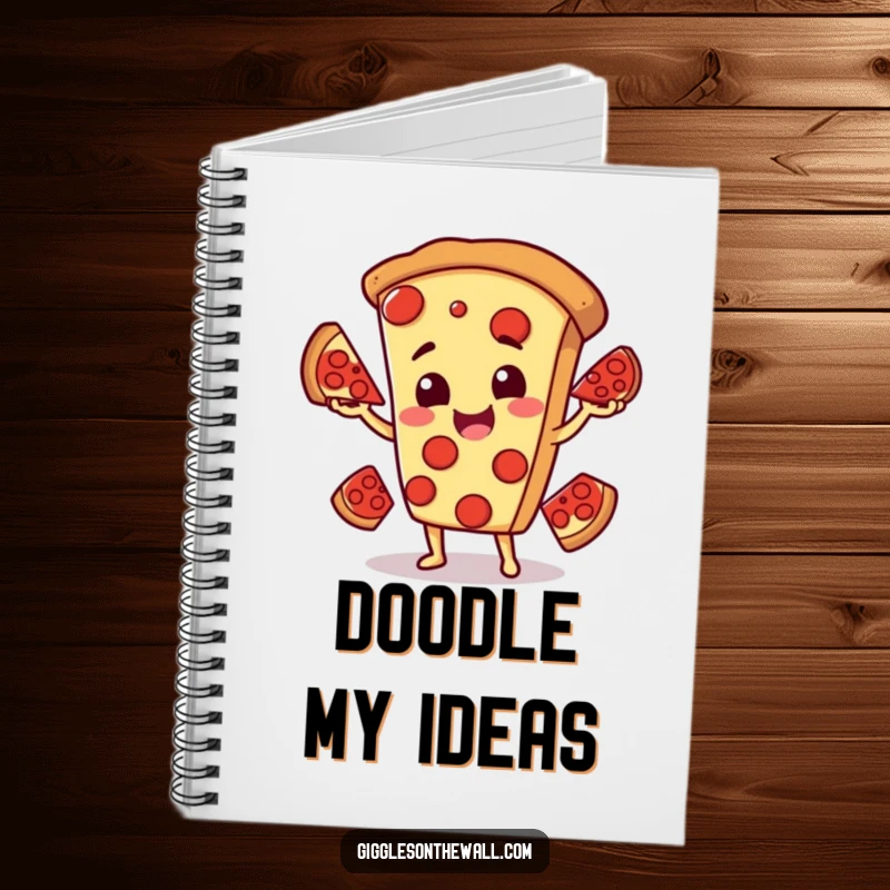 Funny notebook with a smiling pizza character juggling pepperoni slices, ideal for jotting down notes with a side of humor.