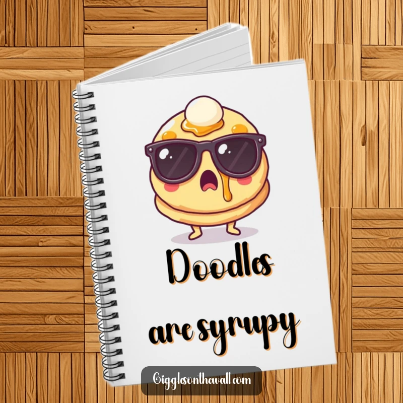 Funny surprised pancake with sunglasses and syrup on a notebook, for notes and lists, perfect funny gift.