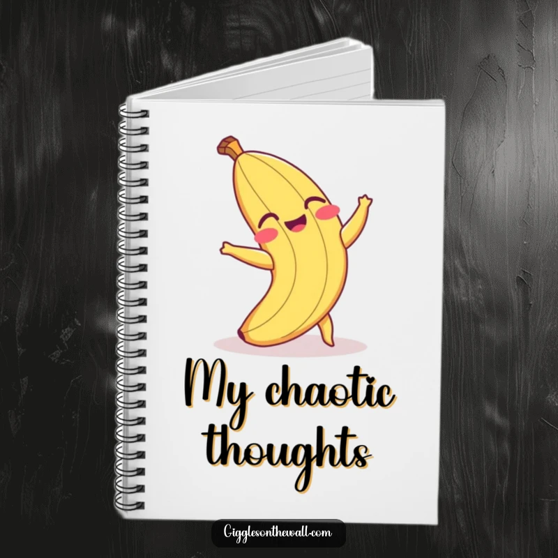 Funny notebook with a laughing banana peel comically tripping, perfect for jotting down notes and ideas with humor.