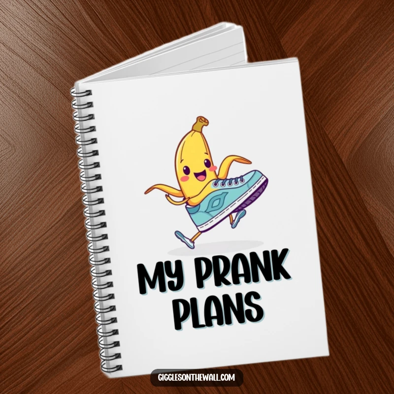 Funny notebook with a smiling banana peel attempting to trip a running shoe, perfect for jotting ideas humorously.