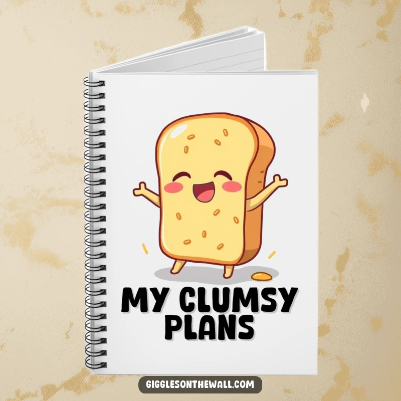 Funny notebook with a bread loaf in a clumsy, joyful pratfall, perfect for jotting down ideas with humor, a unique funny gift.