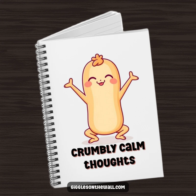 Funny cheerful baguette in a yoga pose on a notebook, for notes and reflections, ideal funny gift.