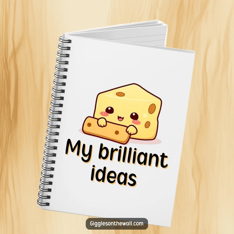 Funny notebook with a cheese character hilariously hiding behind a cracker, perfect for jotting down notes with a side of humor.