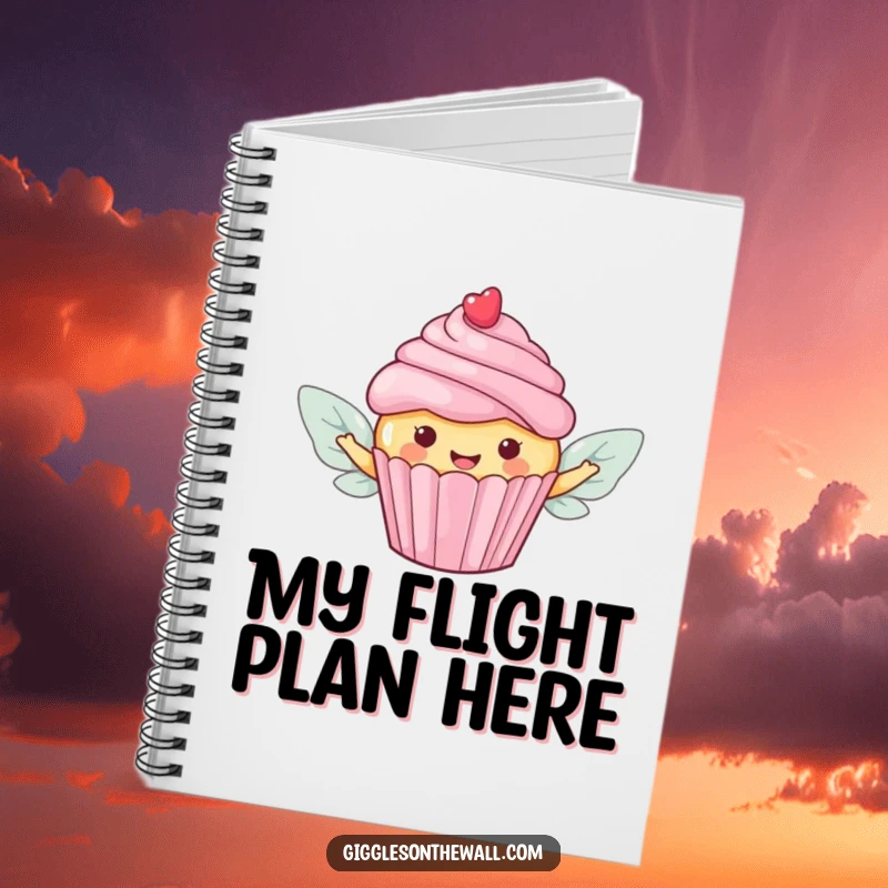 Funny notebook with a happy cupcake with candy wings, embarking on a delightful flight for note-taking.