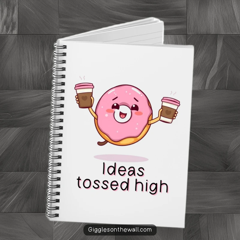 Funny giddy donut juggling coffee cups on a notebook, for notes and doodles, ideal funny gift.