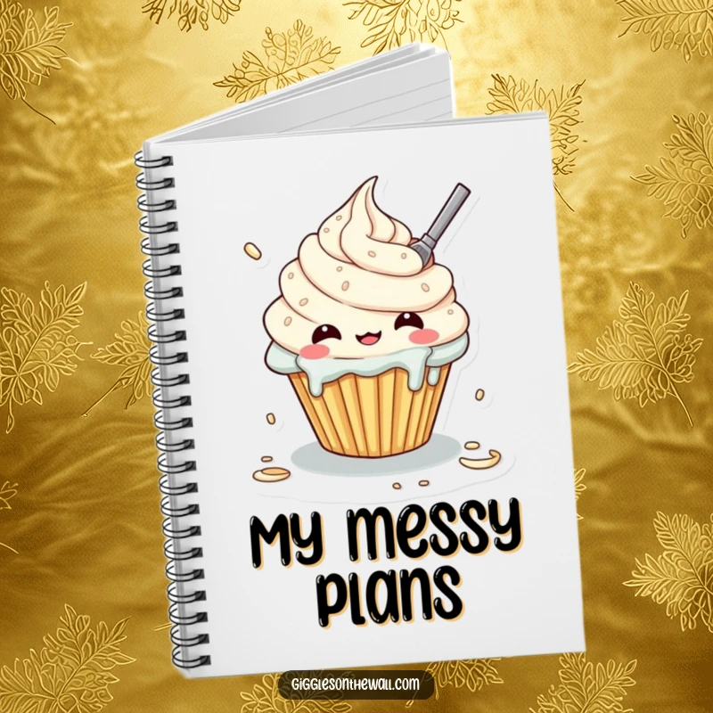 Funny notebook featuring a cupcake character comically frosting itself, for jotting down baking notes.