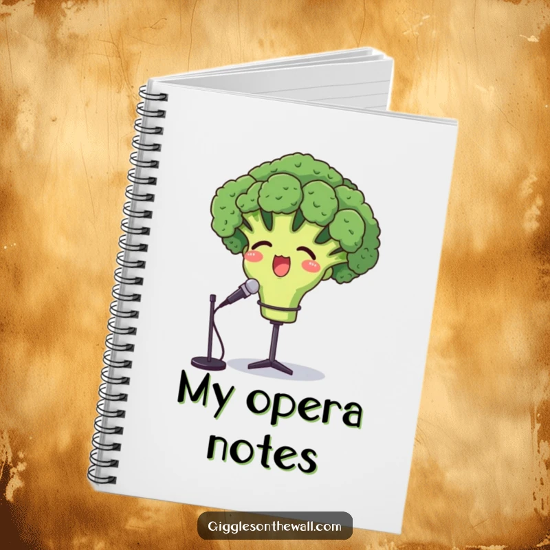 Funny opera broccoli notebook, a proud vegetable character singing into a microphone, ready for your notes.