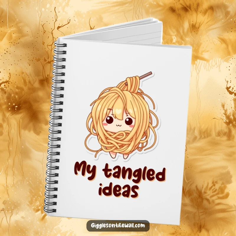 Funny notebook featuring a bewildered ramen noodle character tangled in its own strands, for note-taking.