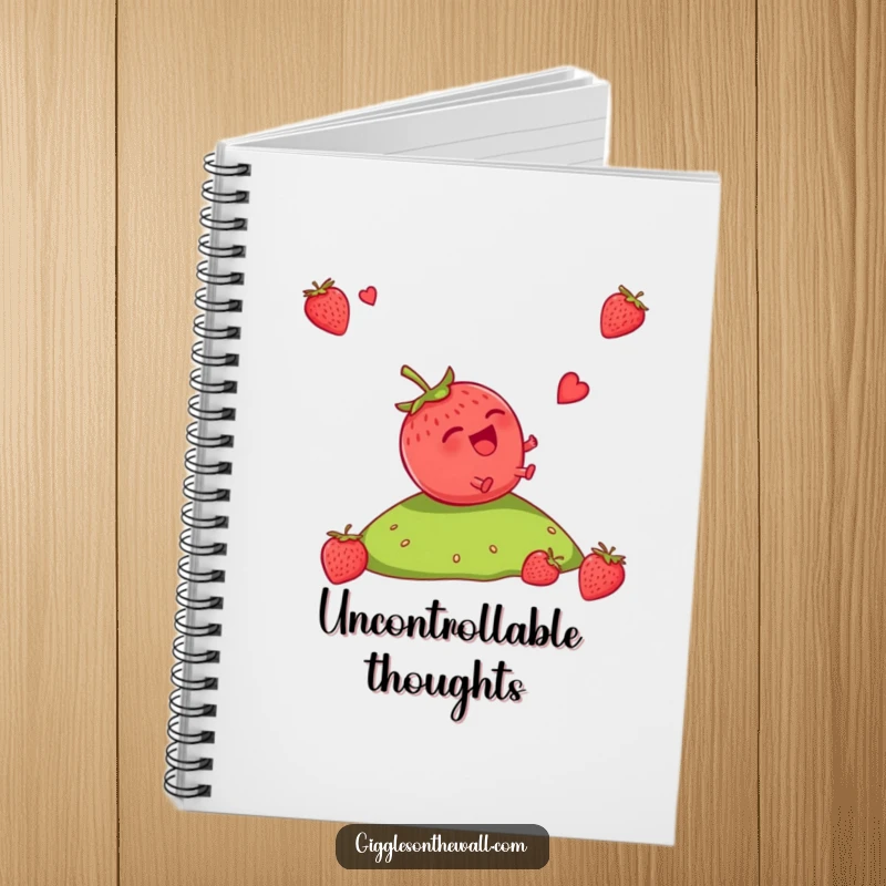 Funny Strawberry Notebook: A lined notebook cover with a giggling strawberry rolling downhill, ideal for journaling and capturing random thoughts.