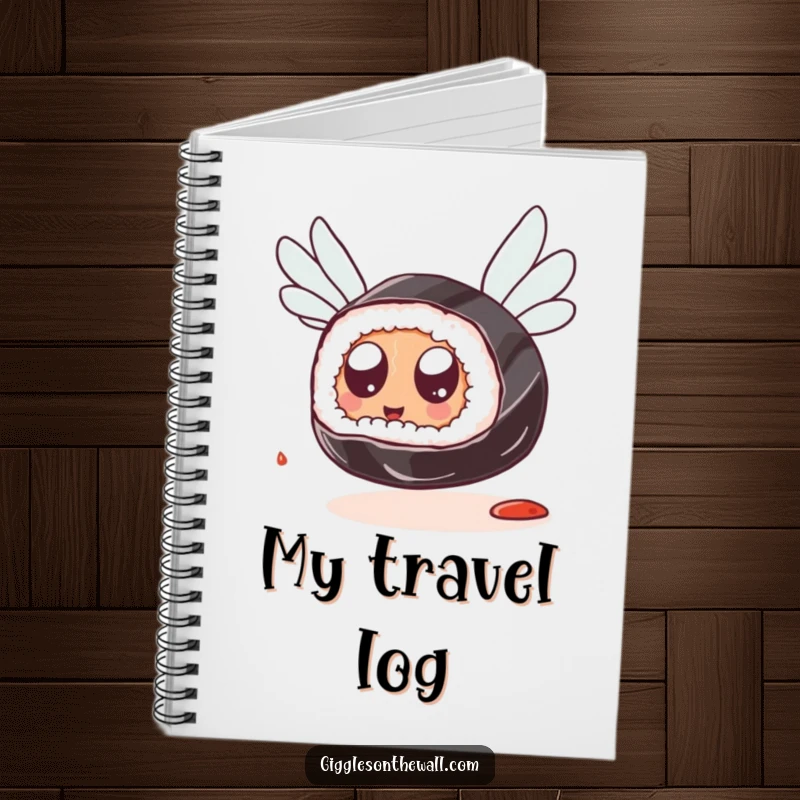 Funny Sushi Flying Notebook: A notebook featuring a sushi piece with googly eyes attempting to fly using soy sauce packets, ideal for humorous notes.