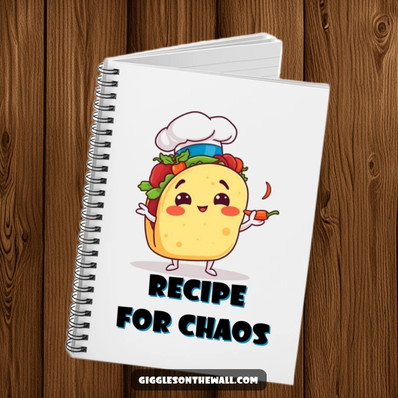 Funny taco chef notebook, comically juggling tiny chili peppers, humorous stationery for recipes and ideas.