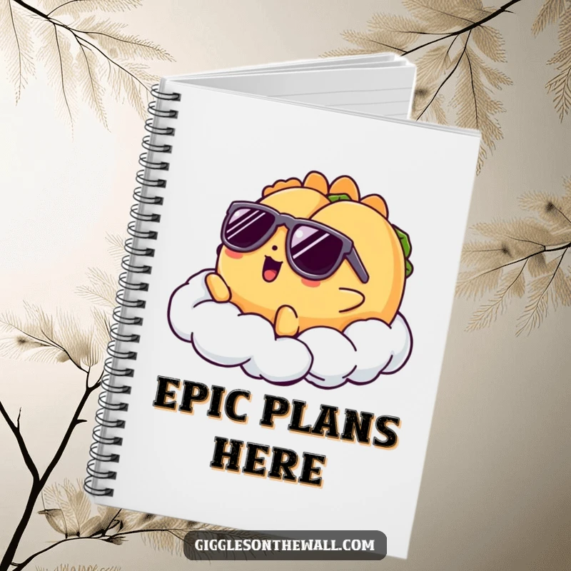 Funny notebook with a taco character in sunglasses lounging on a cloud, great for jotting down cool thoughts with humor.