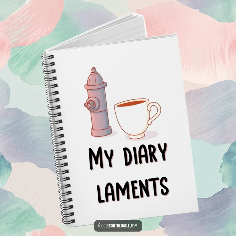Funny notebook, a teacup hugging a fire hydrant, journal, whimsical and humorous cover art.