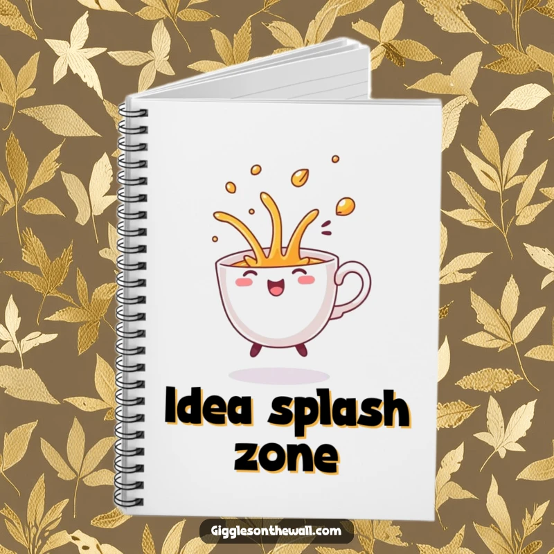 Funny Dancing Teacup Notebook, featuring a teacup spilling with a comical flourish, perfect for notes and doodles.