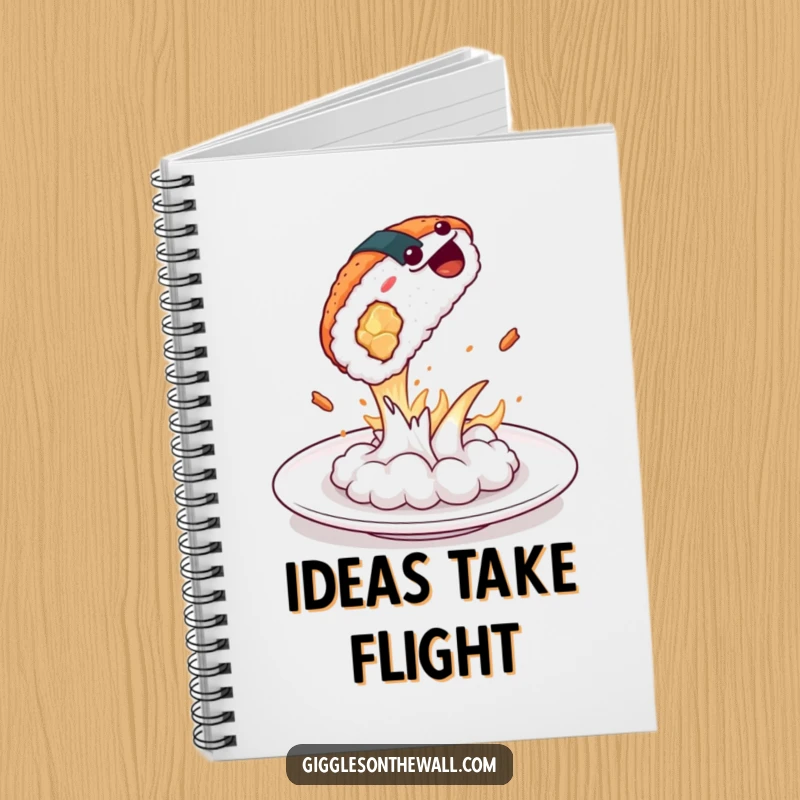 Funny sushi dramatically leaping off a plate on a notebook, perfect for notes and sketches, ideal funny gift.