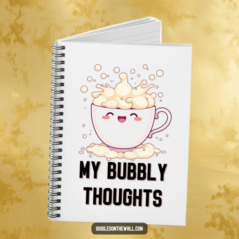 Funny teacup notebook comically overflowing with bubbles, splashing joyfully, humorous stationery for ideas.