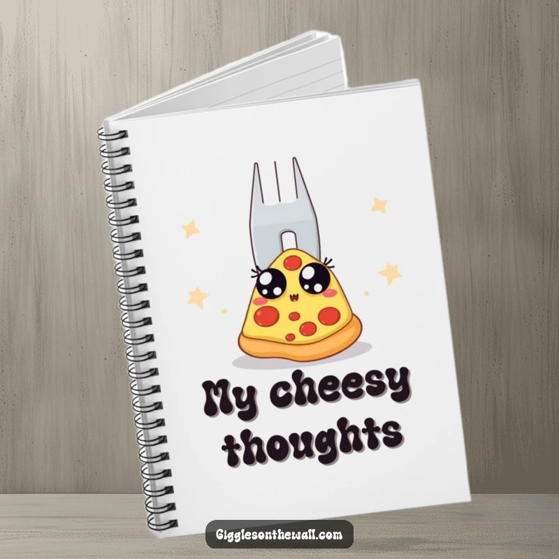 Funny notebook cover with a pizza slice looking scared of a giant fork backstage. Ideal for journaling, sketching, or taking notes with humor.