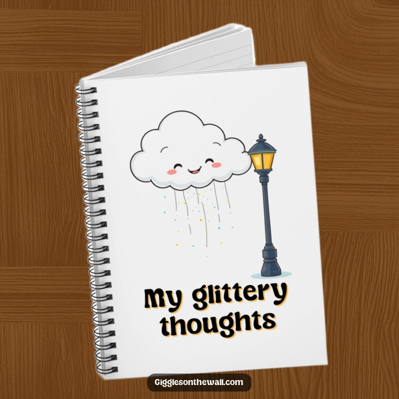 Funny notebook with a happy cloud raining glitter onto a grumpy lamppost, perfect for jotting ideas humorously.