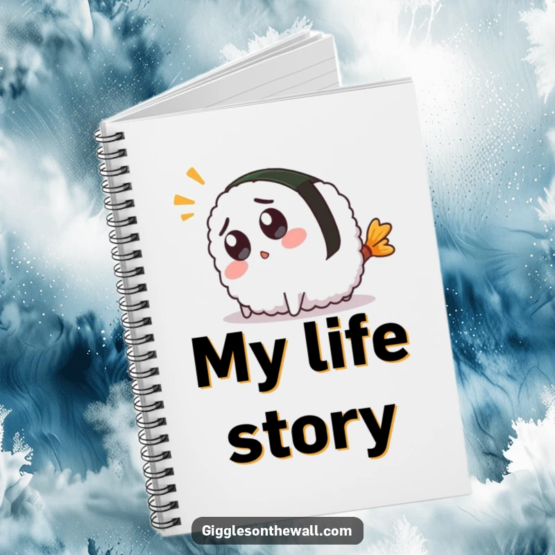 Funny notebook with a surprised sushi character tripping over its tail, ideal for jotting down notes with a smile.