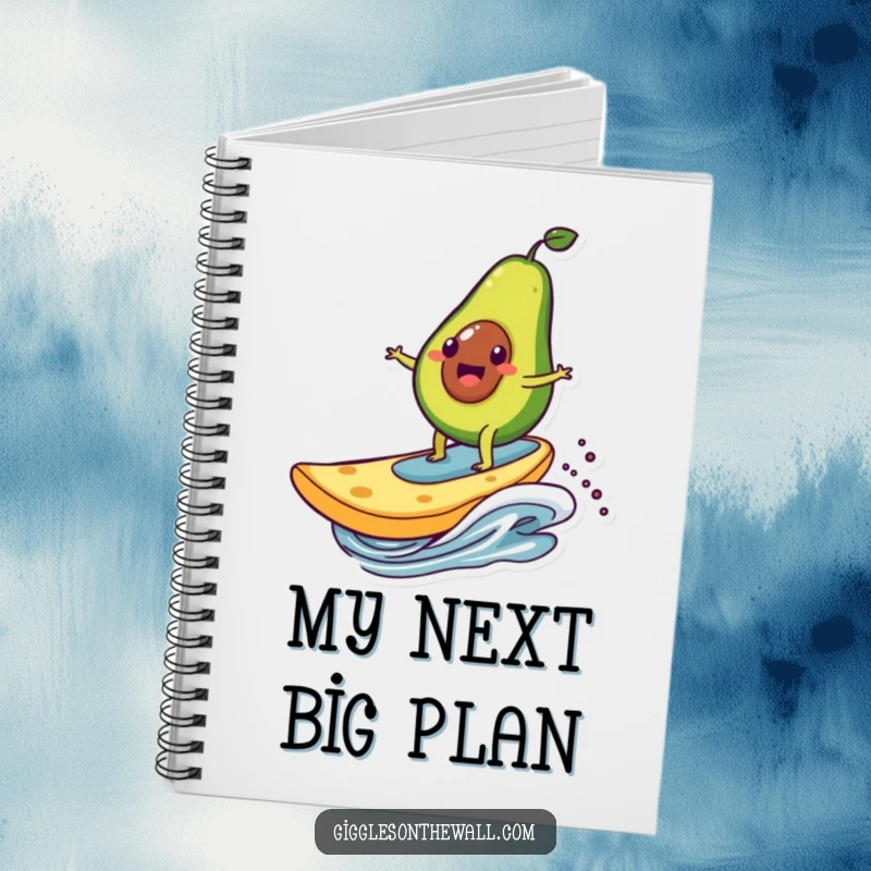 Funny notebook with an avocado character surfing on a giant chip, ideal for capturing notes with a humorous and adventurous theme.